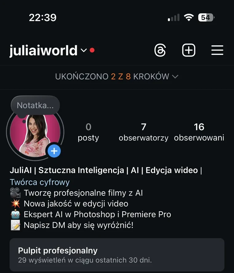 Zrzut ekranu sprzed współpracy: 2386 obserwujących w około 2 tygodnie
