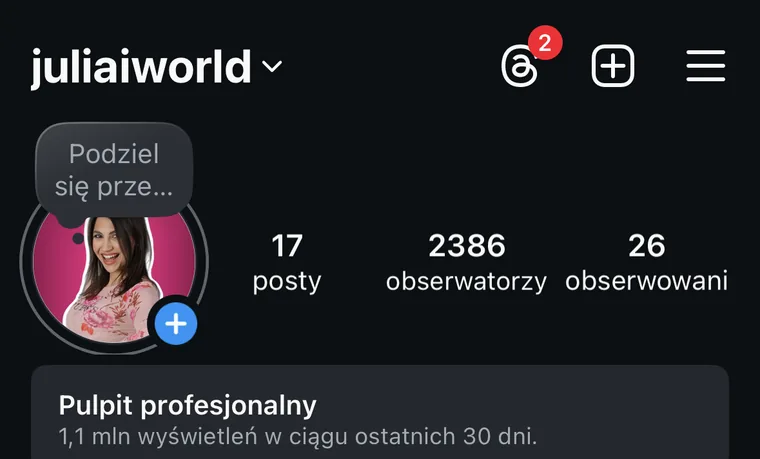 Zrzut ekranu z wynikiem: 2386 obserwujących w około 2 tygodnie